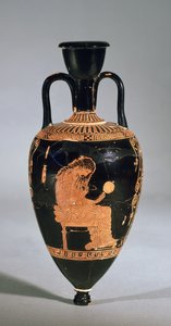 Amphoriskos che raffigura una donna seduta che si pettina, tenendo uno specchio da Greek